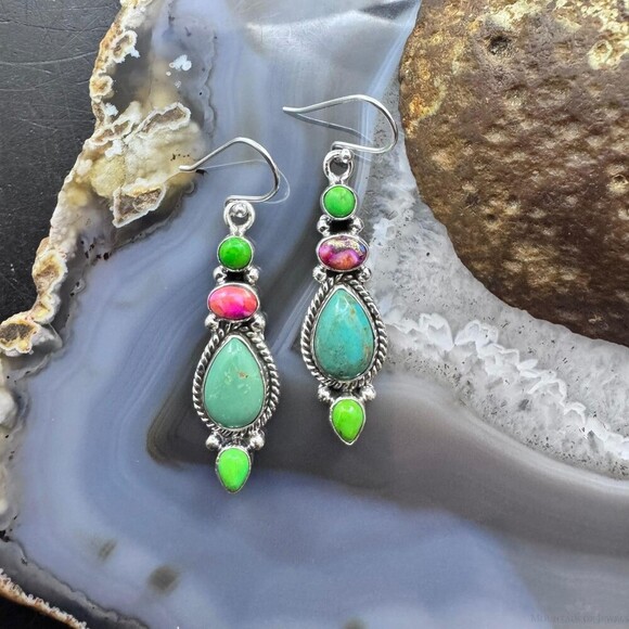 Sterling Silver Southwestern Style Multistone Dangle Earrings For Women #6 - Picture 2 of 10